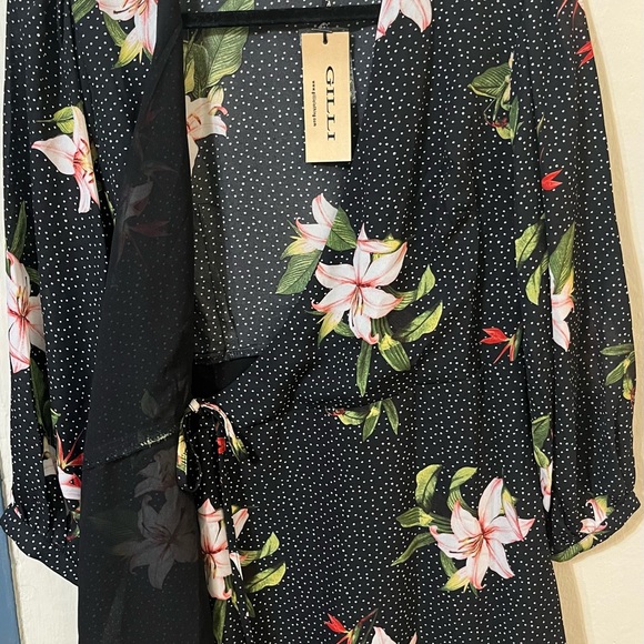 Gilli Wmns Wrap Dress Black polka dot Floral Midi  puff Long Sleeve V Neck Small - Picture 11 of 16